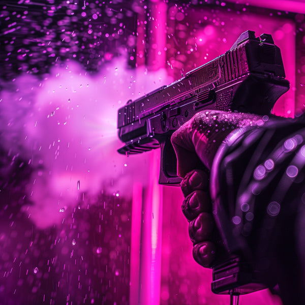 An airsoft gun spewing gas out with pink and purple lighting