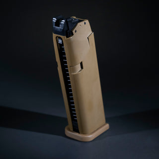 Front side of a VFC Glock G19X GBB Green Gas magazine compatible with Roach Custom O-ring magazine rebuild kits