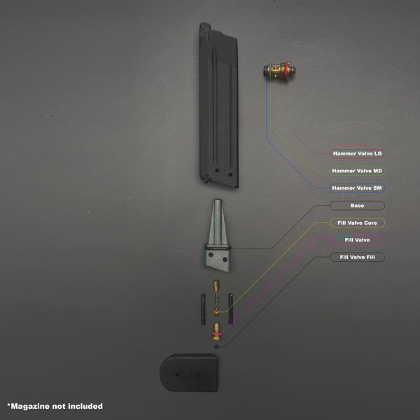 Disassembled KJW CZ75 P-09 magazine showing O-ring locations