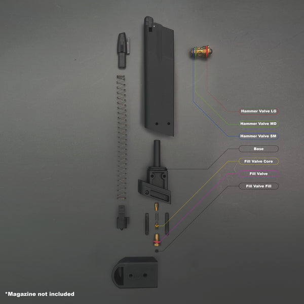 Exploded view of KJW CZ75 SP-01 green gas magazine with O-ring placement