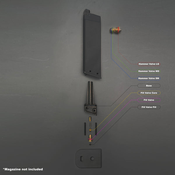 Disassembled KJW KP-13 magazine showing O-ring placement