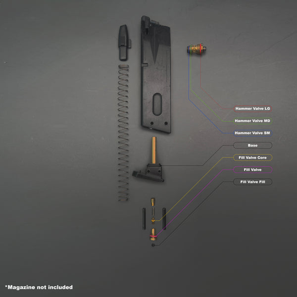 Disassembled KJW M9 magazine showing O-ring placement