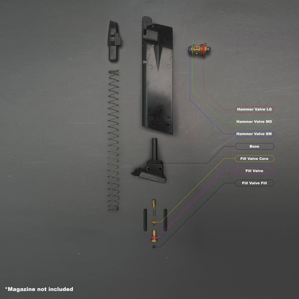 KJW P226 airsoft magazine disassembled showing O-ring replacement diagram