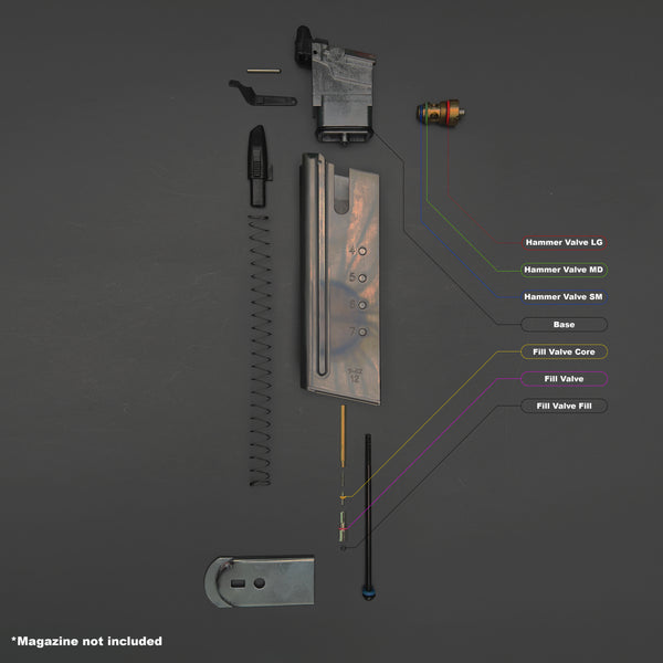 Disassembled Tokyo Marui Desert Eagle magazine showing color-coded O-ring placement
