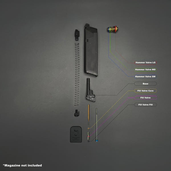 Disassembled Tokyo Marui G17/G18 magazine showing color-coded O-ring placement