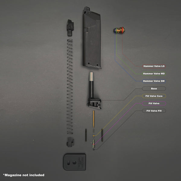 Exploded diagram showing disassembled Tokyo Marui G19 green gas magazine