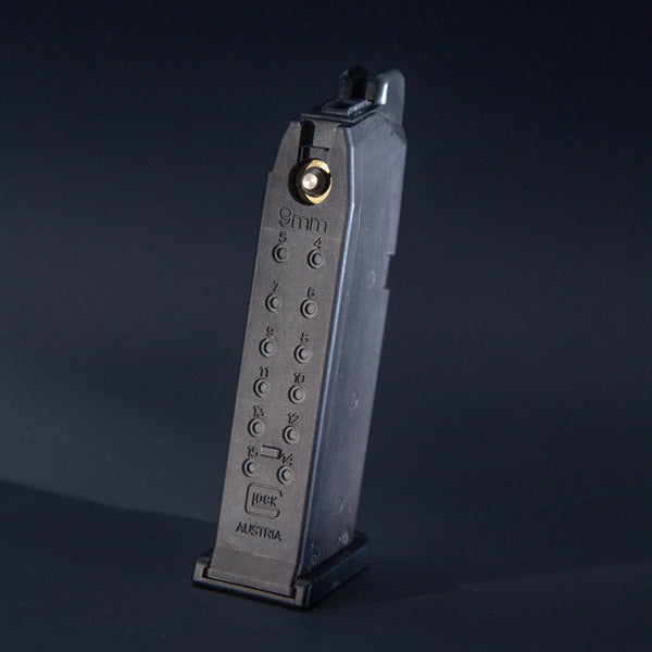 Angled side view of Tokyo Marui G19 airsoft GBB magazine