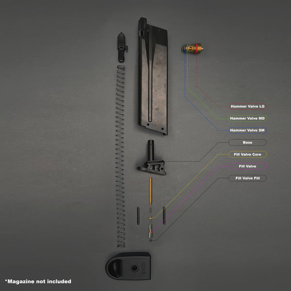 Disassembled Tokyo Marui HK45 magazine showing color-coded O-ring placement