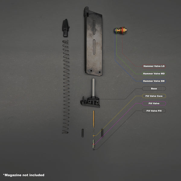 Disassembled M45A1 magazine showing color-coded O-ring placement