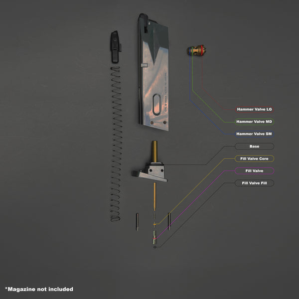 Disassembled Tokyo Marui M9 magazine showing color-coded O-ring placement