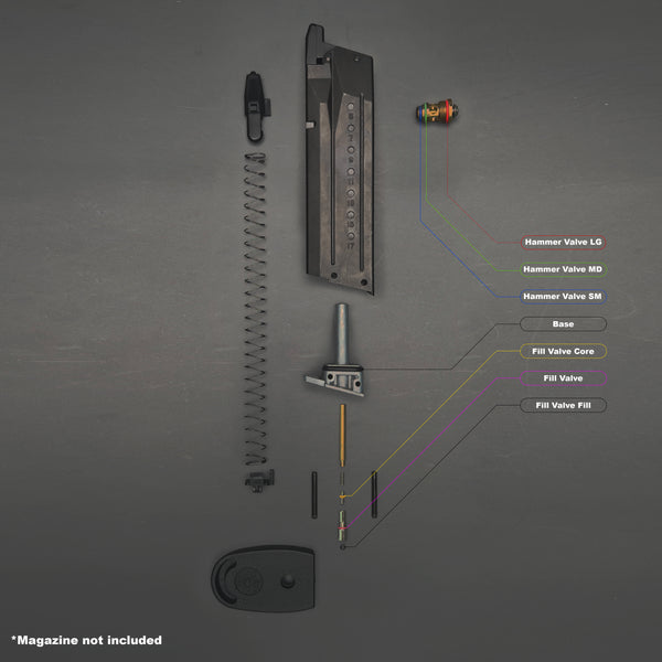 Disassembled Tokyo Marui M&P9 magazine showing color-coded O-ring placement