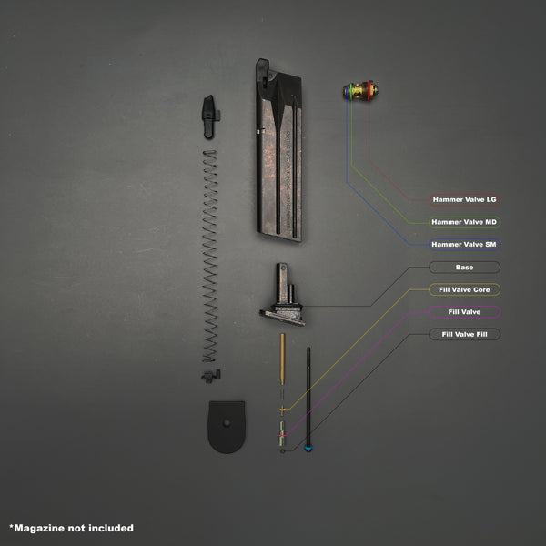 Disassembled PX4 magazine showing color-coded O-ring placement