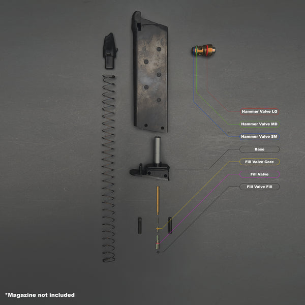 Disassembled Tokyo Marui V10 magazine showing O-ring placement