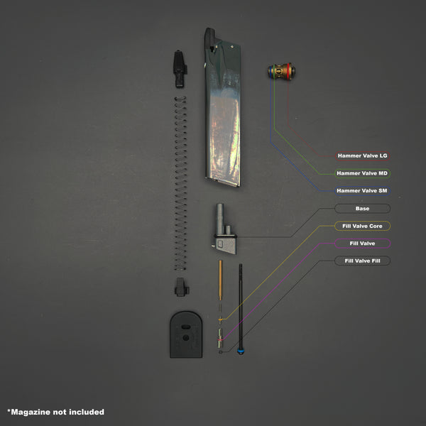 Disassembled Tokyo Marui XDM40 magazine showing O-ring placement