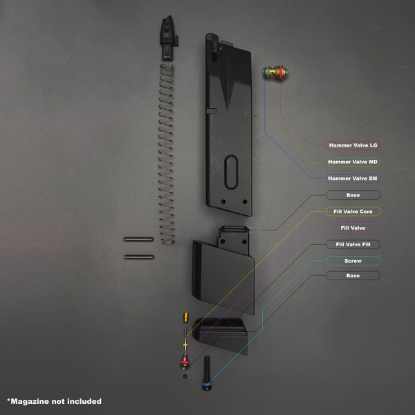 Disassembled WE Biohazard magazine with color-coded O-ring layout