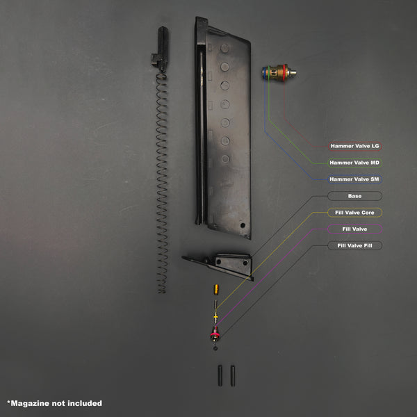 Exploded diagram showing internal O-rings and components of WE P38 GBB magazine