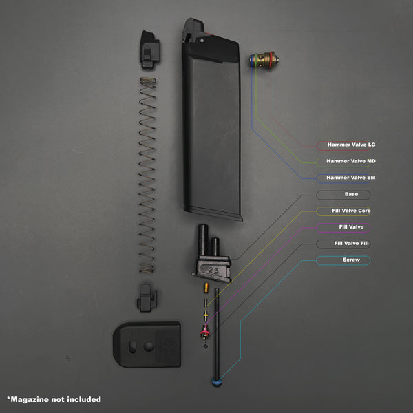 Blown-apart diagram of AW Custom VX9 magazine showing O-ring placement and parts breakdown