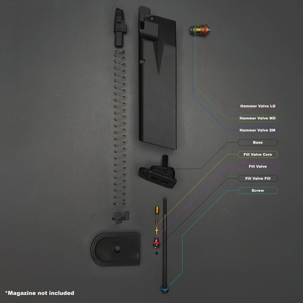 Blown-apart diagram of Cybergun SW Series P229 and AW Custom SW Series magazine showing O-ring placement and labels