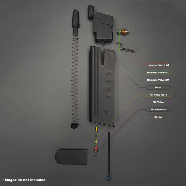 Blown-apart diagram of Desert Eagle magazine showing O-ring placement for AW Custom, WE Tech, and Cybergun platforms