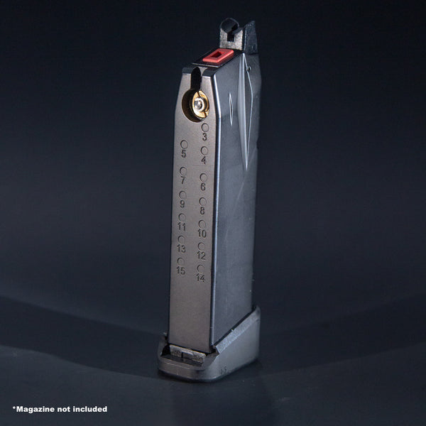 Rear view of EMG Canik TP9 and AW Custom CA Series airsoft magazine