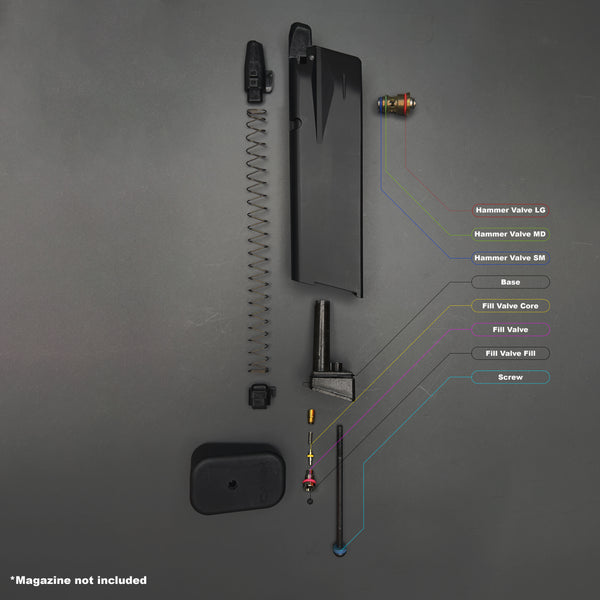 Blown-apart diagram of EMG Canik TP9 and AW Custom CA Series magazine showing O-ring placement and part labels