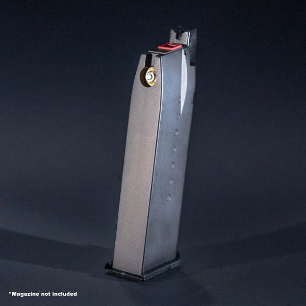 Rear view of EMG Hudson H9 and AW Custom TB series green gas airsoft magazine