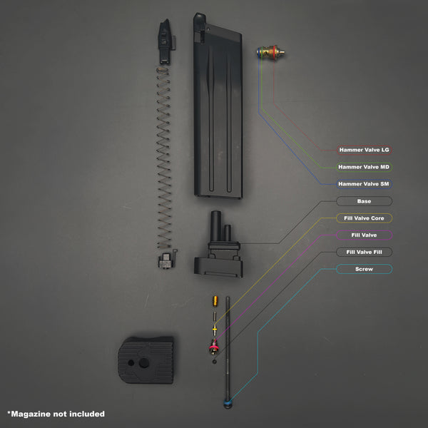 Blown-apart diagram of JW3 2011 and CM01 magazine showing O-ring placement and labeled parts