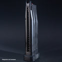 Front view of EMG TTI JW3 2011 and AW Custom CM01 green gas airsoft magazine