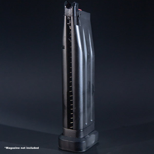 Front view of EMG TTI JW3 2011 and AW Custom CM01 green gas airsoft magazine