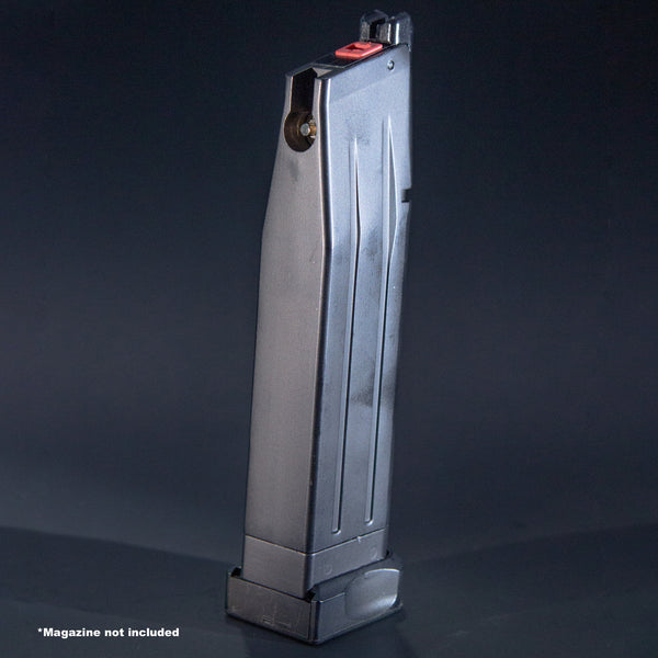 Rear view of EMG TTI JW3 2011 and AW Custom CM01 green gas airsoft magazine