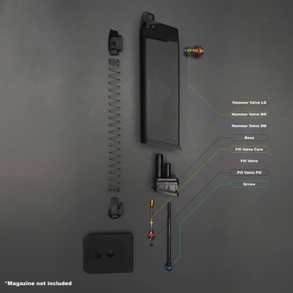Blown-apart diagram of SAI BLU / AW Custom UT magazine showing O-ring placement and parts breakdown