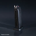 Front view of EMG SAI BLU and AW Custom UT green gas airsoft magazine