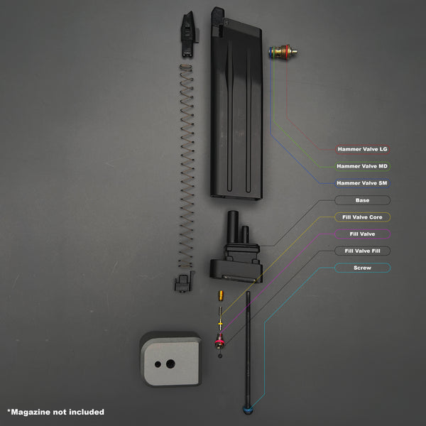 Blown-apart diagram of SAI 2011 DS and AW Custom DS magazine showing O-ring placement and labeled parts