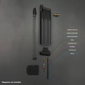 Blown-apart diagram of SAI RED / AW Custom RD0200 magazine showing O-ring placement and parts breakdown