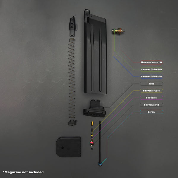 Blown-apart diagram of SAI RED / AW Custom RD0200 magazine showing O-ring placement and parts breakdown