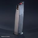 Rear view of EMG SAI RED 2011 and AW Custom RD0200 green gas airsoft magazine