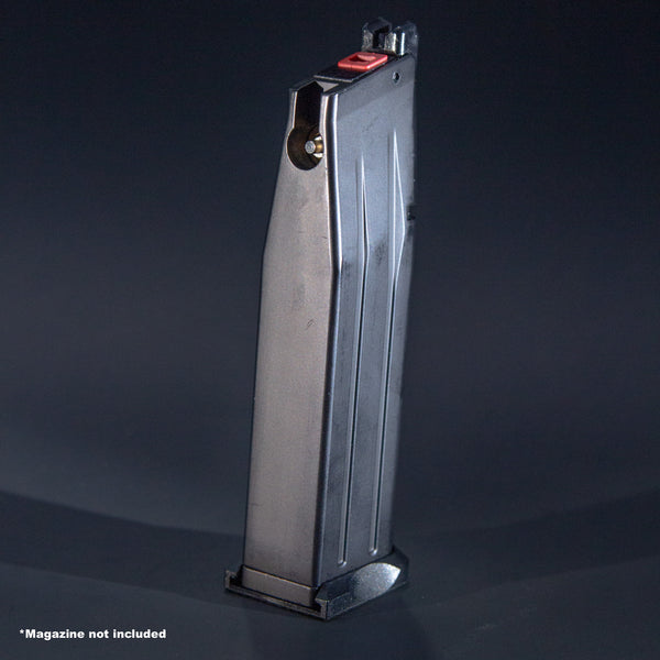 Rear view of EMG SAI RED 2011 and AW Custom RD0200 green gas airsoft magazine