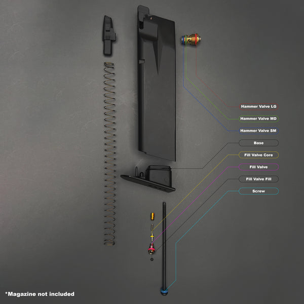 Blown-apart diagram of WE F226 MK25 magazine showing labeled O-ring placement