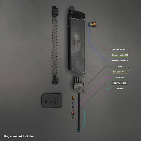 Blown-apart diagram of WE G17 magazine with O-ring placements labeled