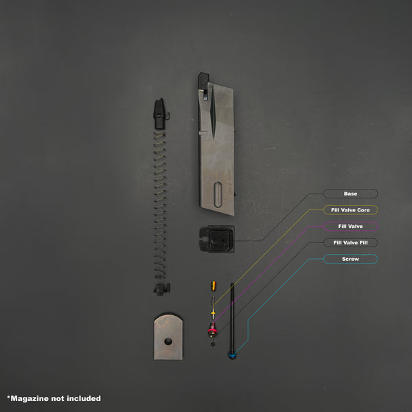 Blown-apart diagram of WE M92 Mini magazine showing labeled O-ring placement