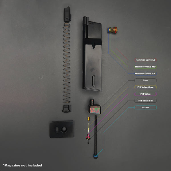 Blown-apart diagram of WE MK magazine showing labeled O-ring placement