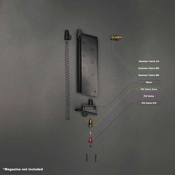 Blown-apart diagram of WE TT-33 magazine showing labeled O-ring placement